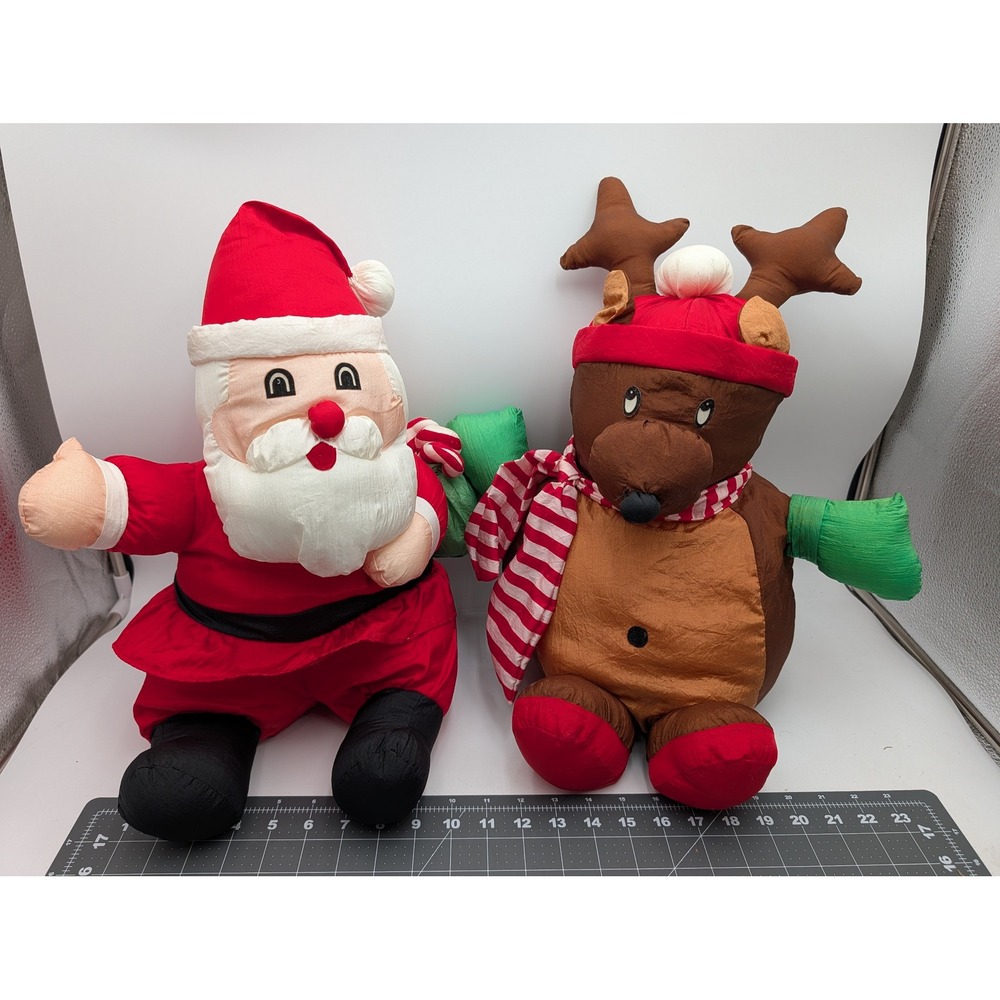 International Silver Co Plush Christmas Santa and Reindeer Red Brown Nylon Set